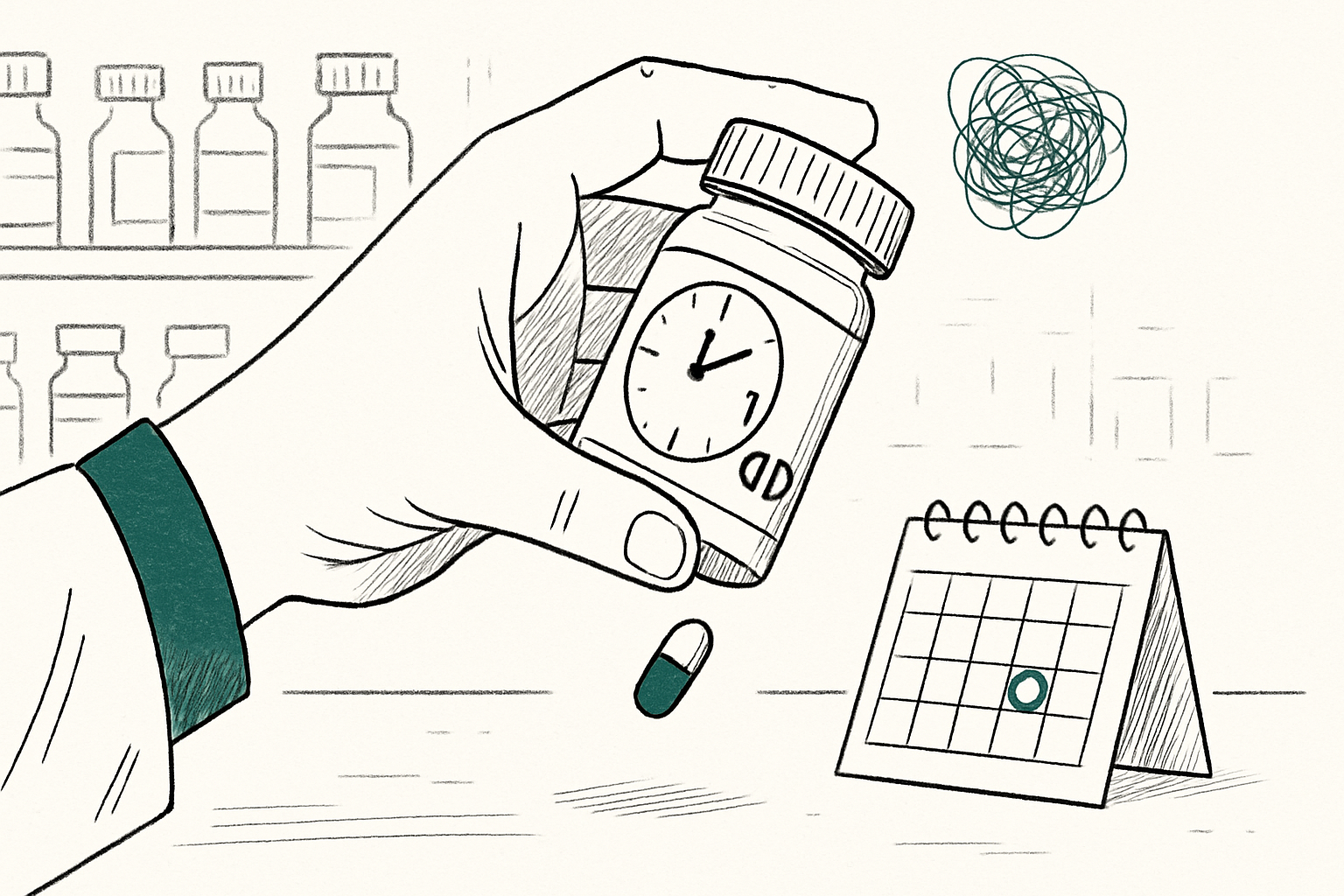 Pharmacist's hand holding a pill bottle with a clock face label showing a single hand at 1 and OD abbreviation, a pill falling toward a calendar with one day circled