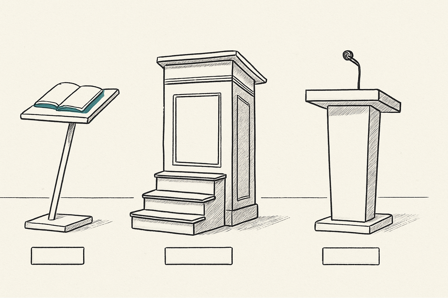 Three objects in a row: a lectern with a book, a pulpit with steps, and a podium with a microphone Three objects in a row: a lectern with a book, a pulpit with steps, and a podium with a microphone