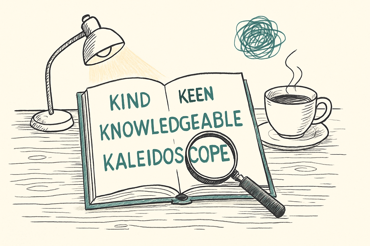 An open book with handwritten positive K words, a magnifying glass, and a steaming cup of tea on a wooden table