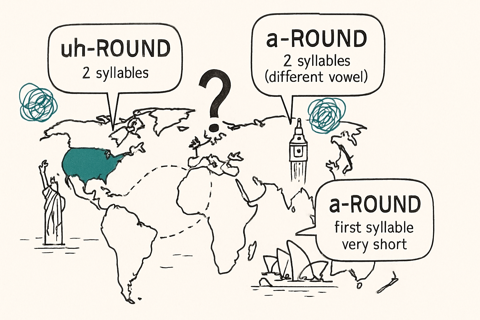 A world map highlighting the US, UK, and Australia with speech bubbles showing different pronunciations of the word around, illustrating how syllable counts can vary by accent.