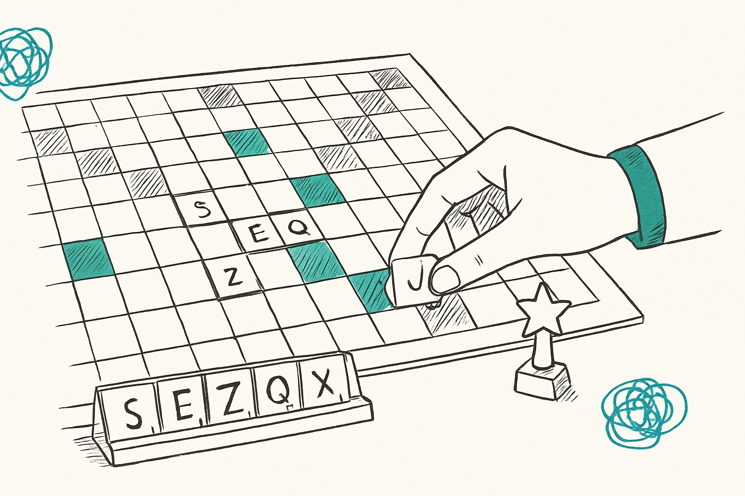 Close-up of Scrabble board with SE tiles on a rack and a hand placing a tile on a triple word score square, hand-drawn editorial style Close-up of Scrabble board with SE tiles on a rack and a hand placing a tile on a triple word score square, hand-drawn editorial style