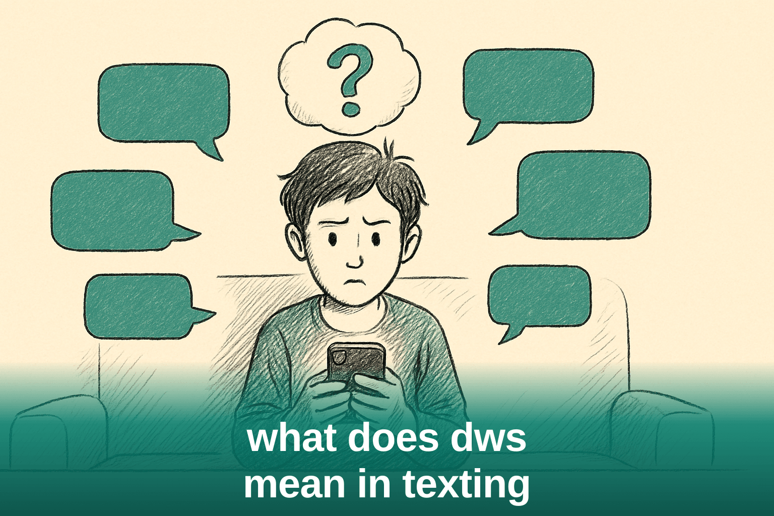 Person looking confused at a smartphone screen with a question mark thought bubble, representing unclear texting abbreviations