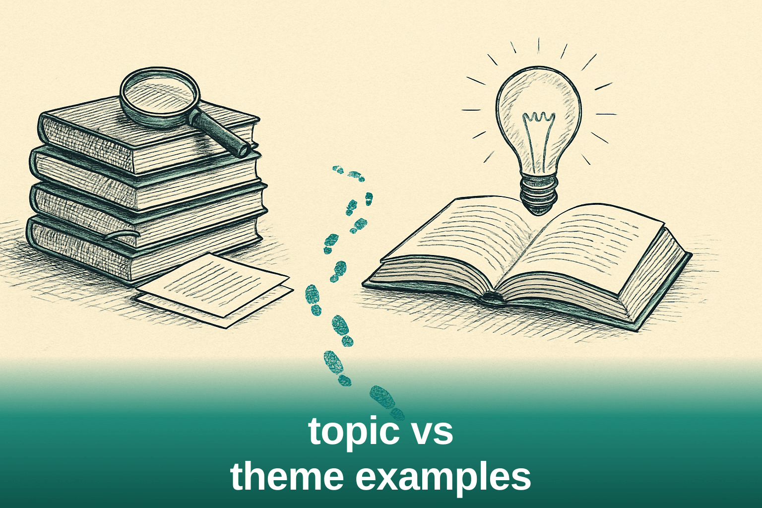 Hero image contrasting a stack of books with a glowing lightbulb to illustrate the difference between topic and theme