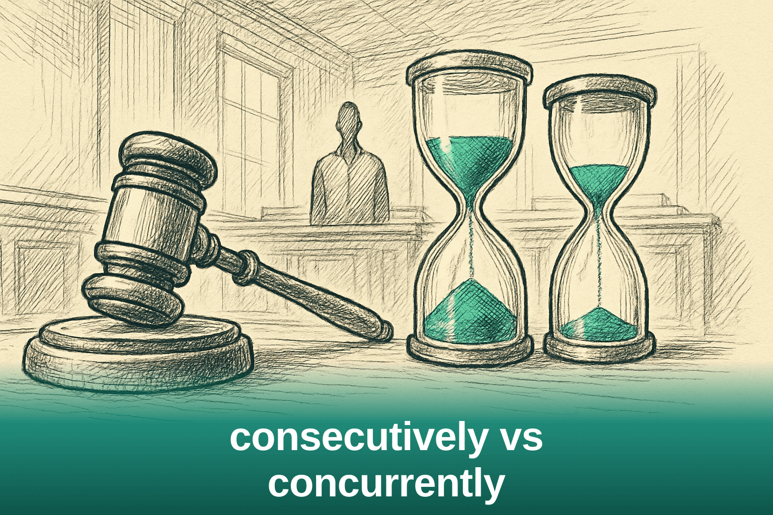 Courtroom gavel beside two hourglasses representing consecutive versus concurrent sentencing