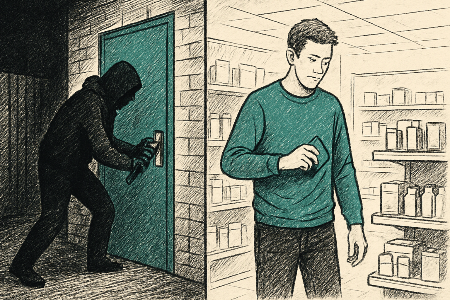Side-by-side scenes of a person breaking into a building and a person shoplifting an item from a shelf Side-by-side scenes of a person breaking into a building and a person shoplifting an item from a shelf