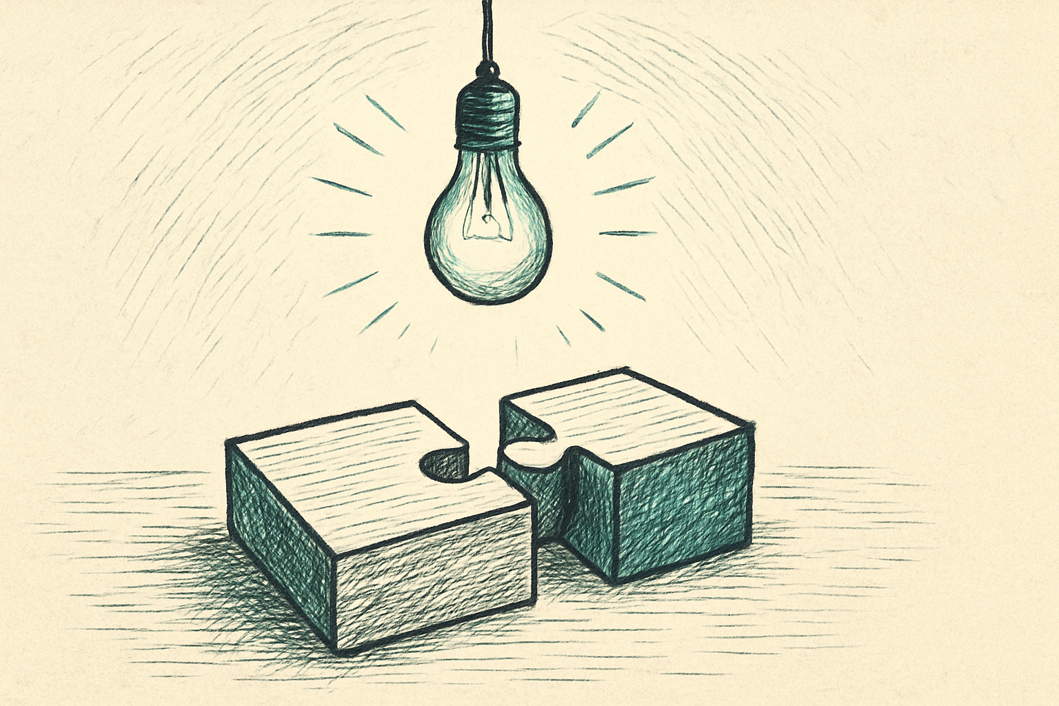 Two puzzle pieces fitting together with a lightbulb above Two puzzle pieces fitting together with a lightbulb above