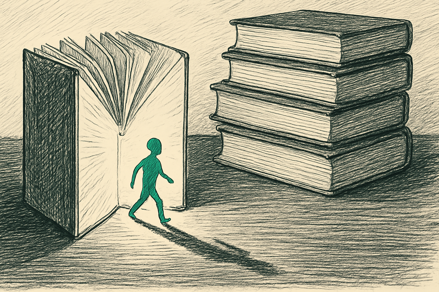 A small glowing figure stepping out of an open book, contrasting with a stack of closed books A small glowing figure stepping out of an open book, contrasting with a stack of closed books