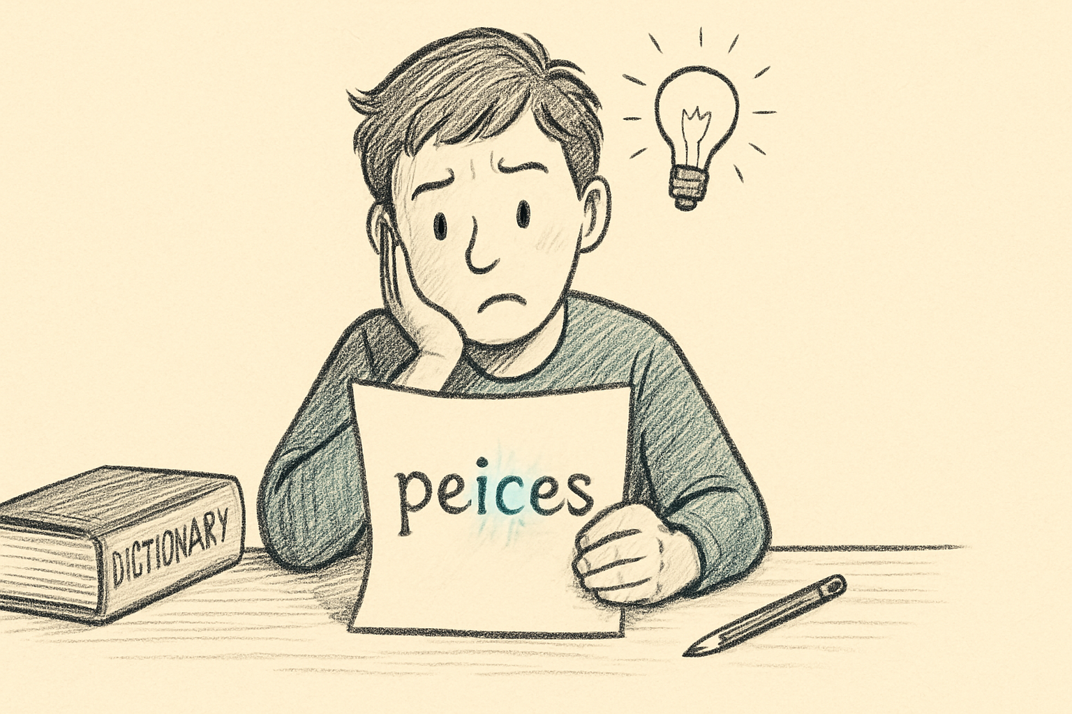 Person confused by misspelled word peices with letters rearranging Person confused by misspelled word peices with letters rearranging