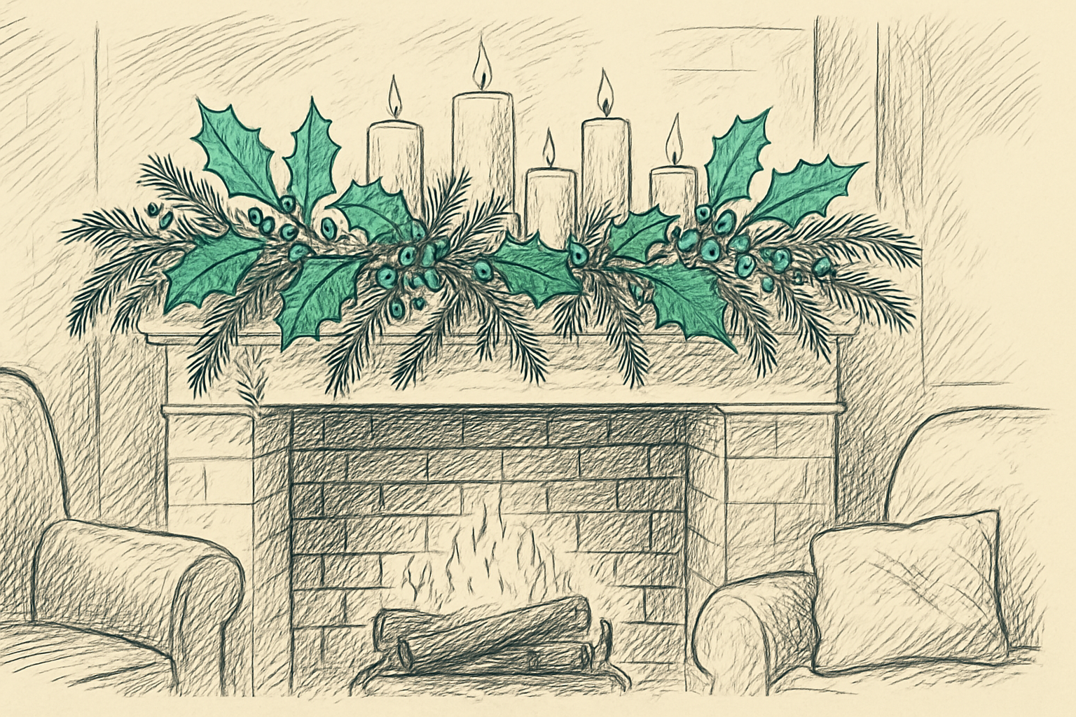 Mantelpiece decorated with holly boughs and candles Mantelpiece decorated with holly boughs and candles