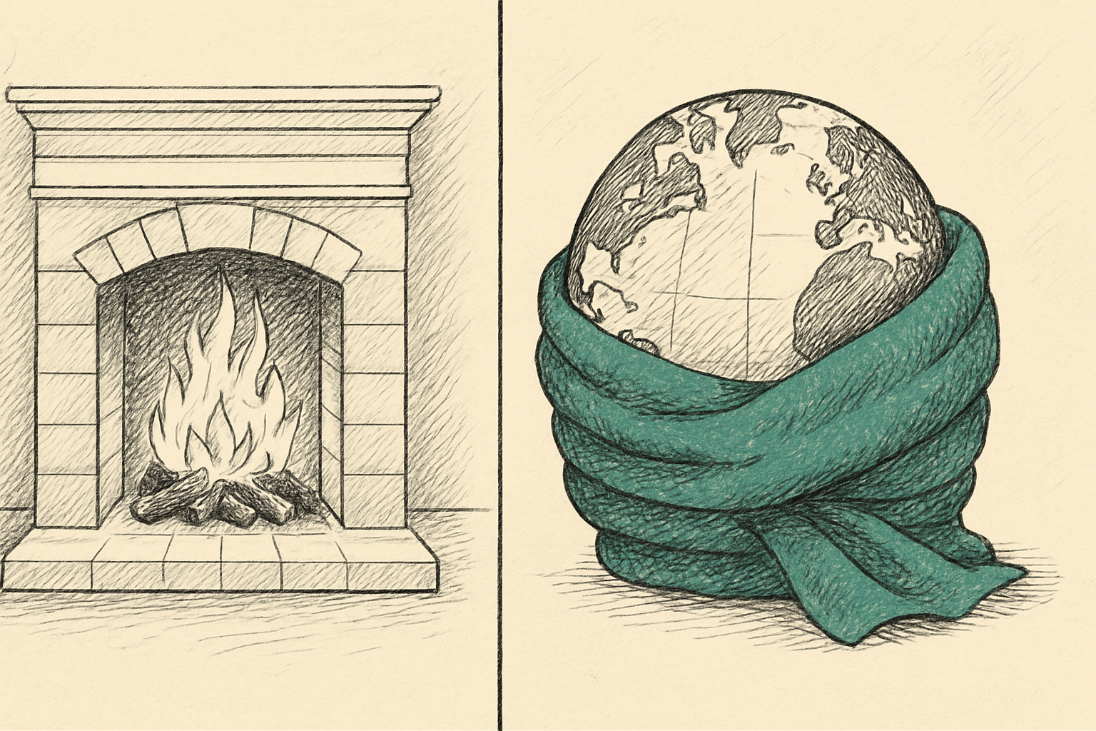 Side-by-side comparison of a fireplace mantel shelf and a planet wrapped in a thick mantle layer