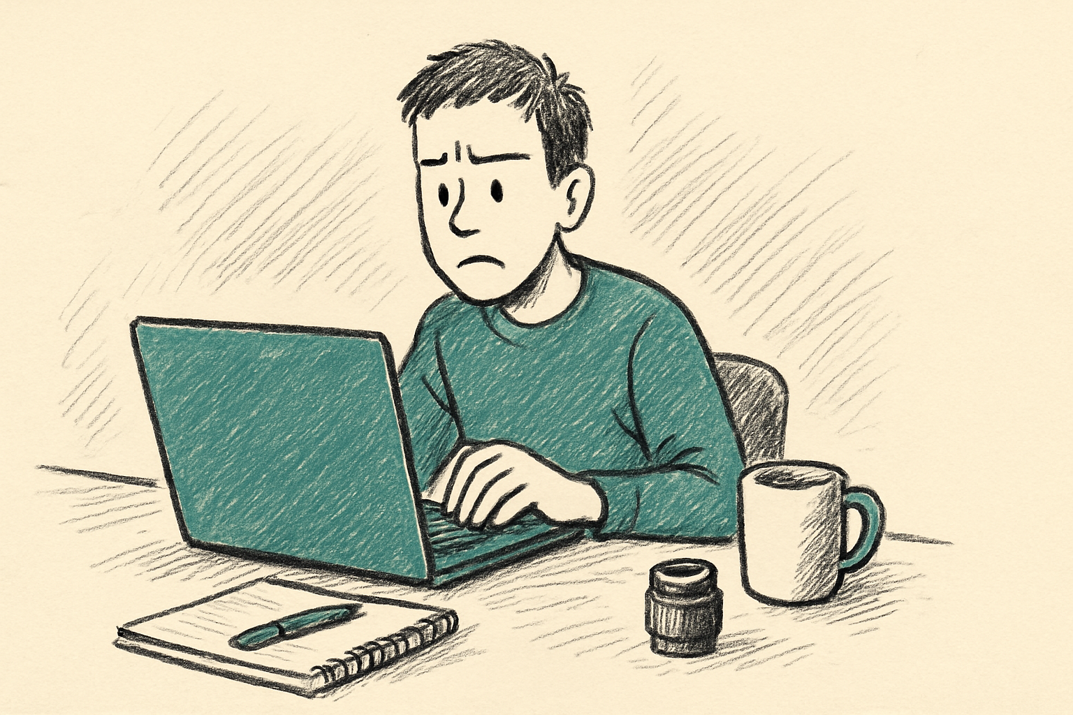 Person typing on a laptop looking puzzled while writing the word lense instead of lens