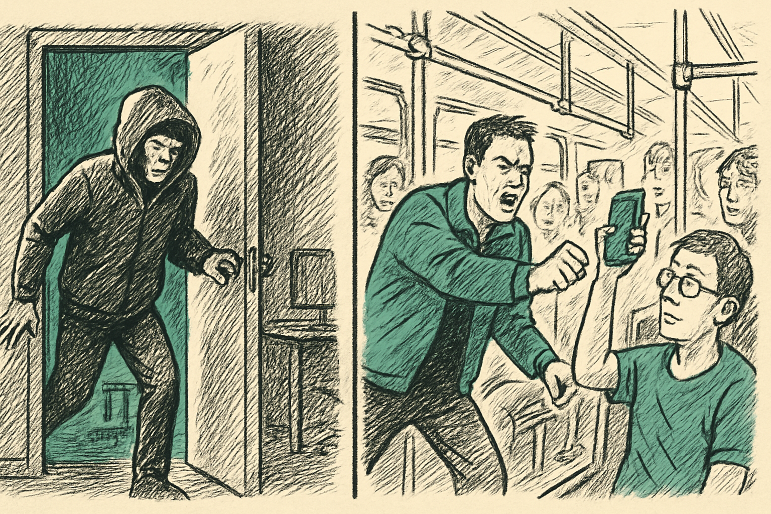 Side-by-side examples of a nighttime office break-in and a daytime phone theft on a bus Side-by-side examples of a nighttime office break-in and a daytime phone theft on a bus