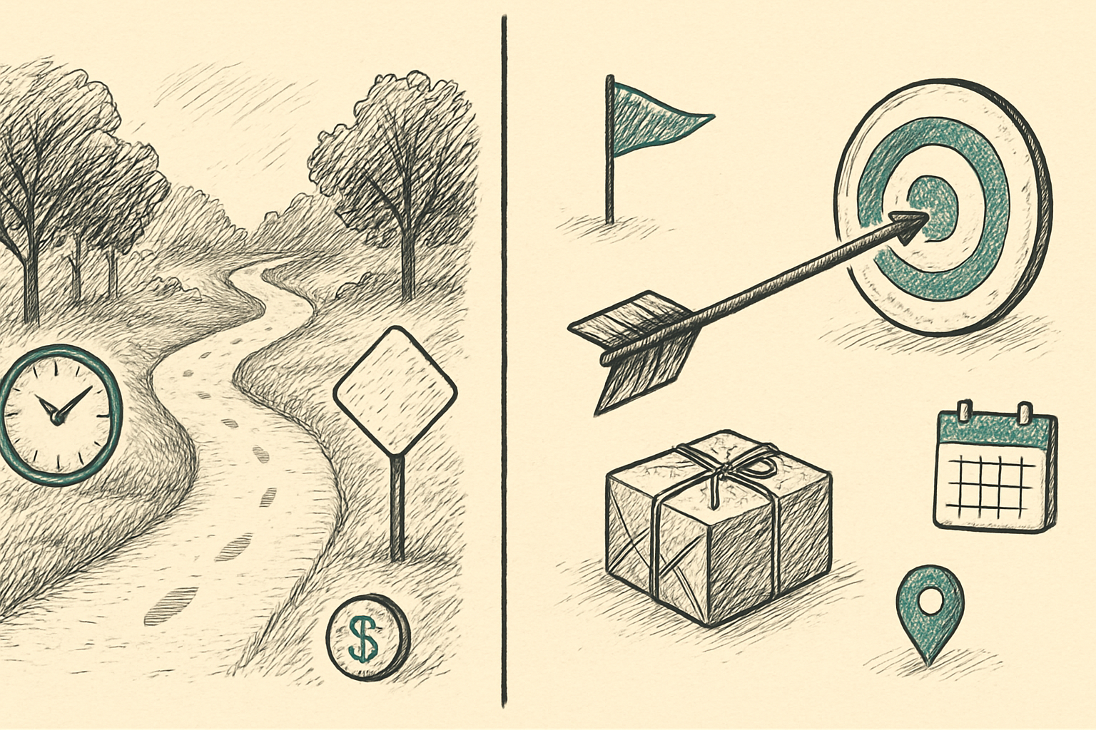 Side-by-side visual comparison of a winding path and a target arrow illustrating por versus para rules in Spanish Side-by-side visual comparison of a winding path and a target arrow illustrating por versus para rules in Spanish
