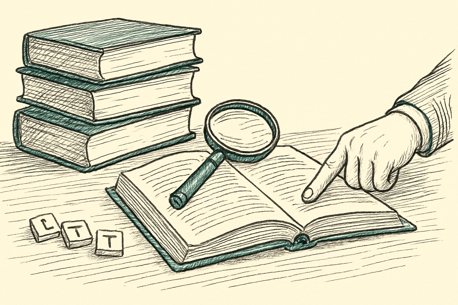 Stack of dictionaries with a magnifying glass and letter tiles for verifying a word Stack of dictionaries with a magnifying glass and letter tiles for verifying a word