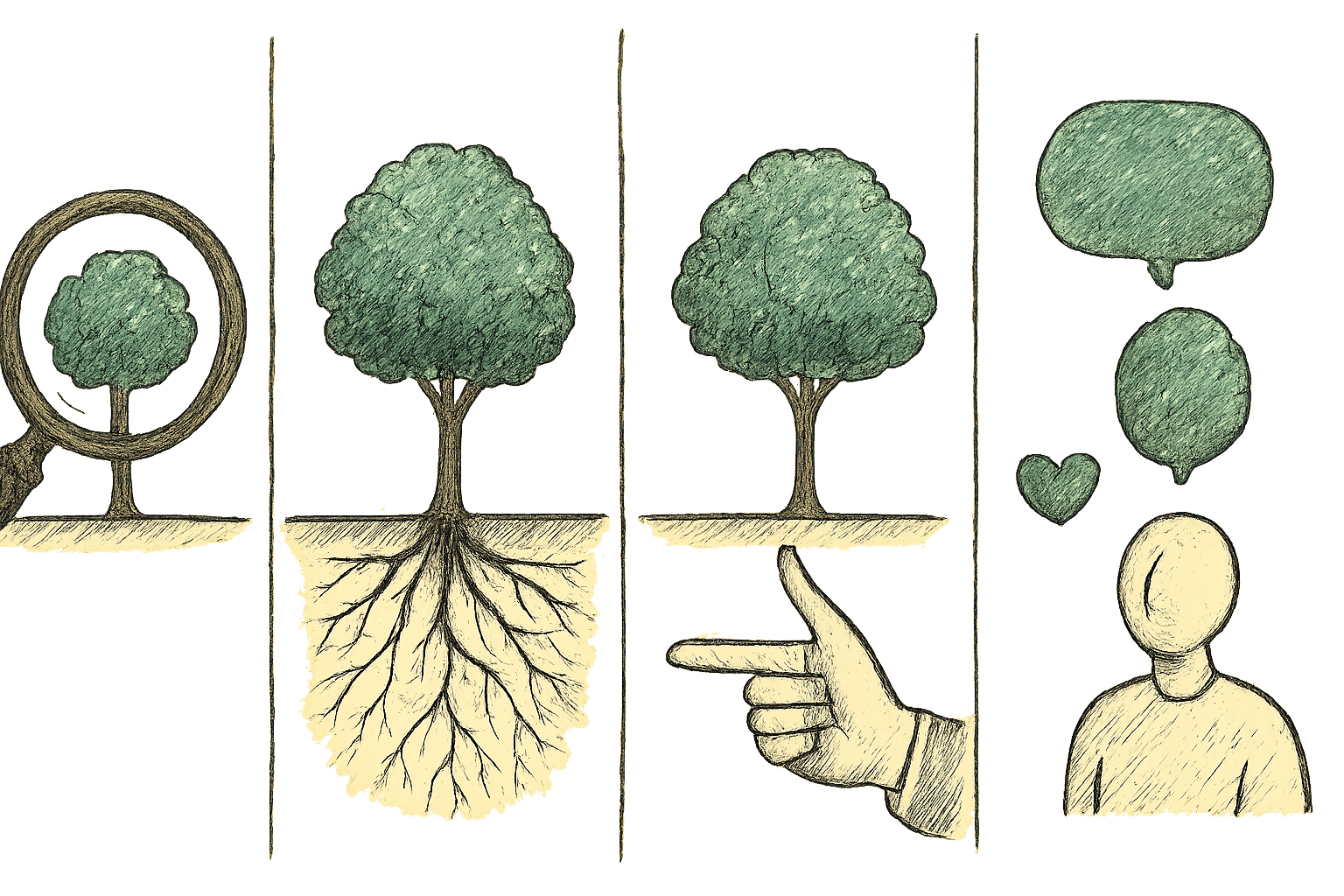 Four-panel comparison diagram illustrating topic, theme, moral, and main idea with symbolic objects Four-panel comparison diagram illustrating topic, theme, moral, and main idea with symbolic objects