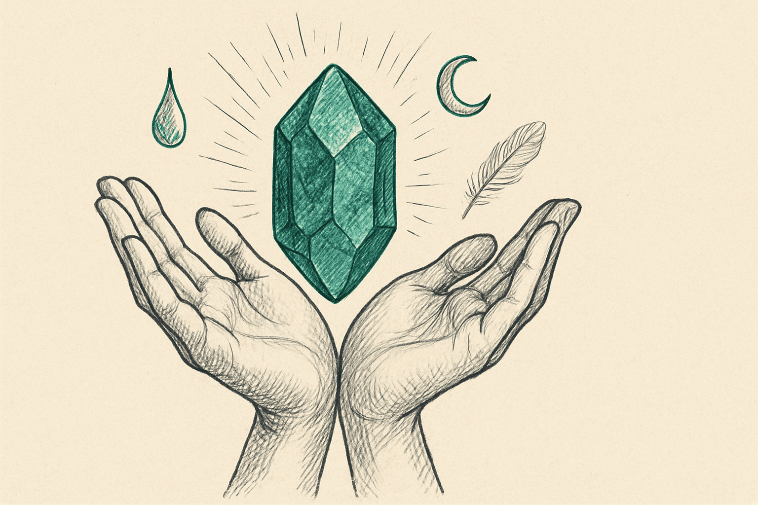 Open hands cradling a glowing amethyst crystal surrounded by symbolic elements of peace and clarity