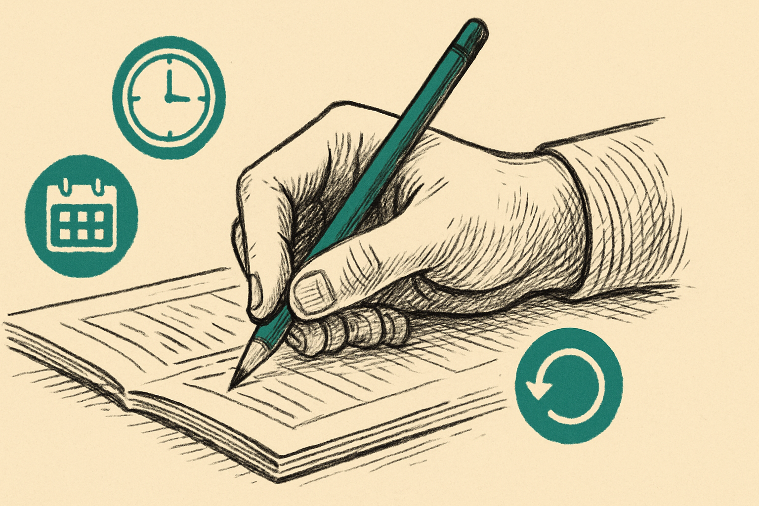 Hand writing in workbook with symbols of time and repetition for practice exercises Hand writing in workbook with symbols of time and repetition for practice exercises