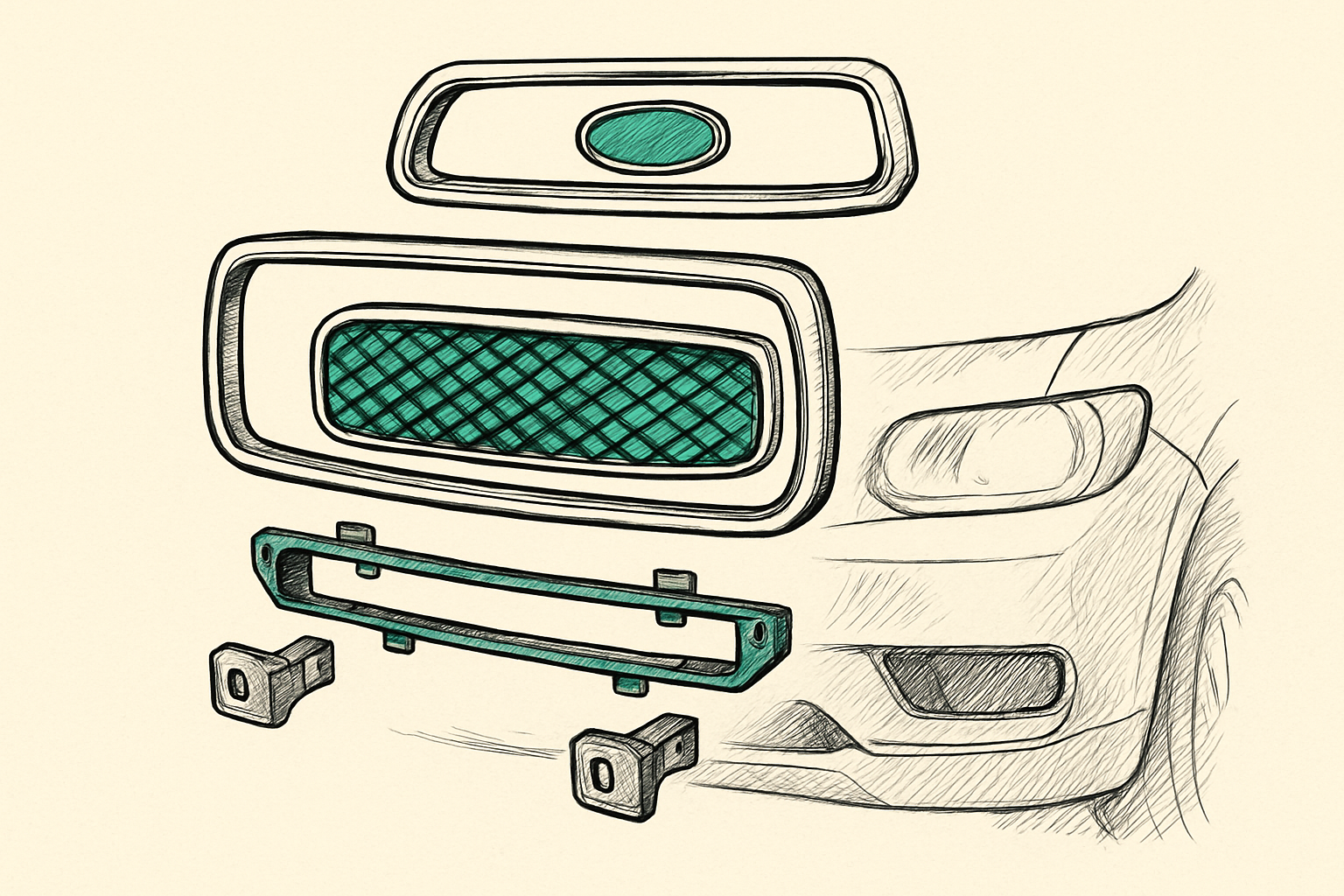 Exploded view of car grille components including frame, mesh, and brackets Exploded view of car grille components including frame, mesh, and brackets