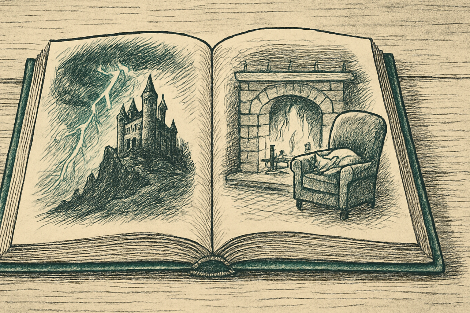 Open book with contrasting scenes illustrating tone and mood in literature Open book with contrasting scenes illustrating tone and mood in literature