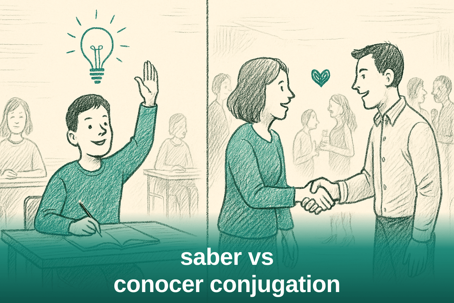 Split scene showing a person answering a question to represent saber and a person greeting an acquaintance to represent conocer