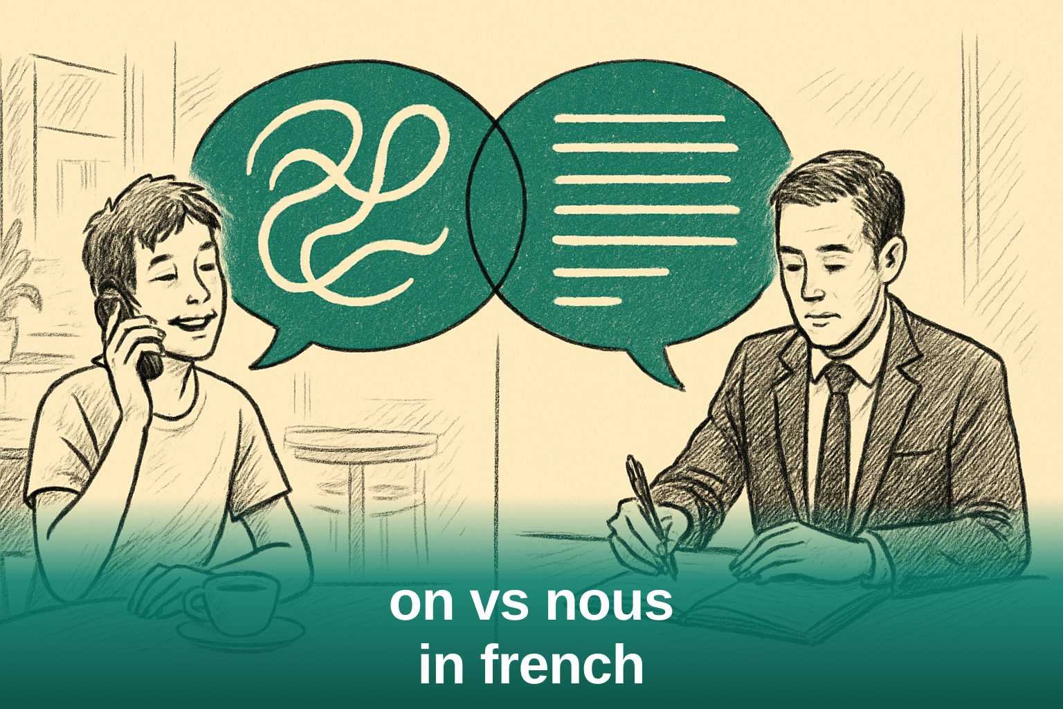 Two French speakers illustrating the difference between spoken on and formal written nous