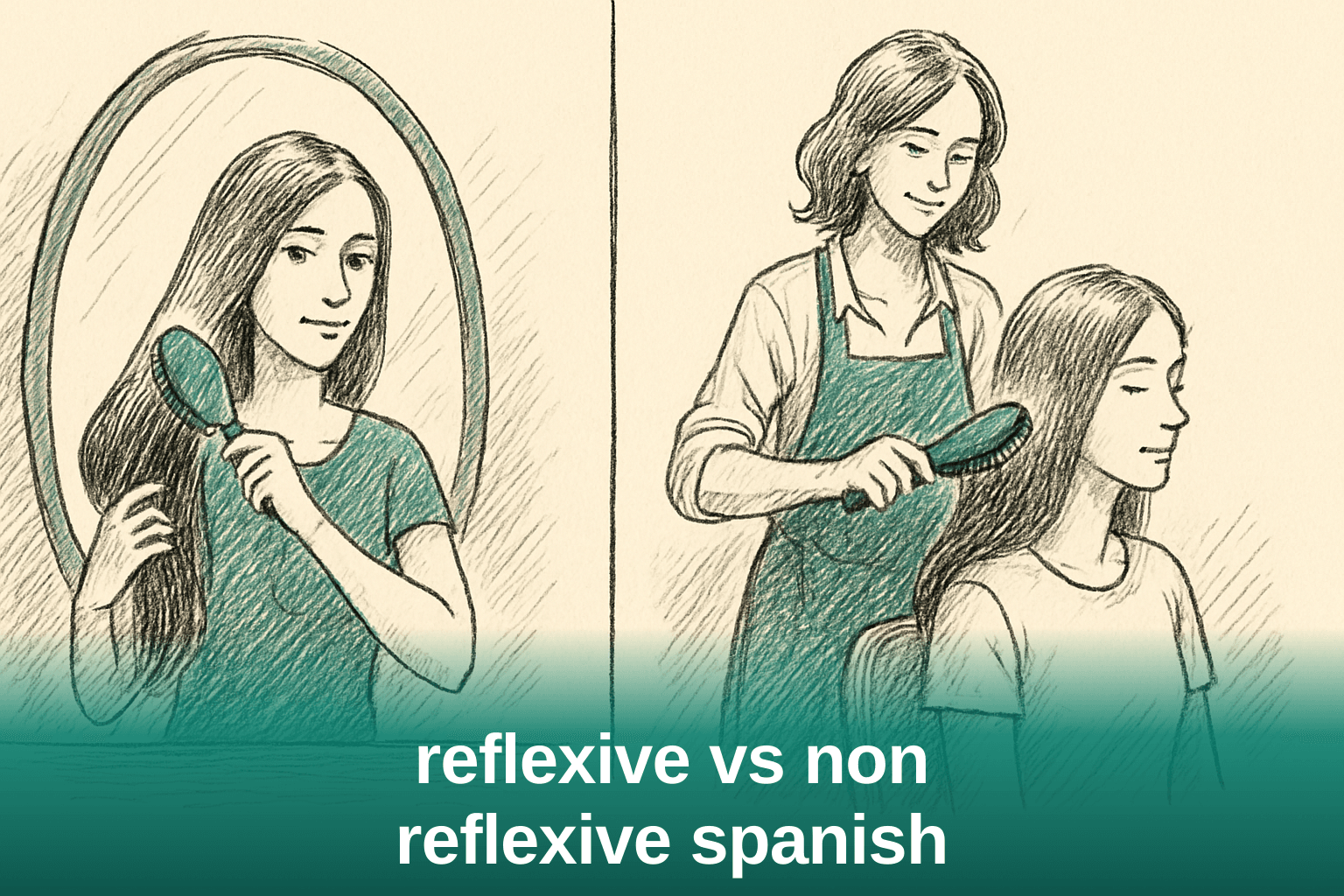 Split scene contrasting a woman brushing her own hair with a stylist brushing someone else's hair, illustrating reflexive versus non-reflexive actions in Spanish