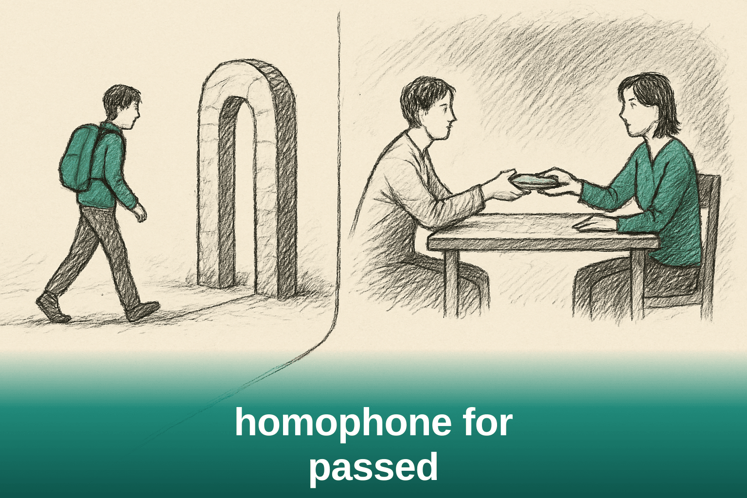 Two contrasting scenes illustrating the difference between passed and past