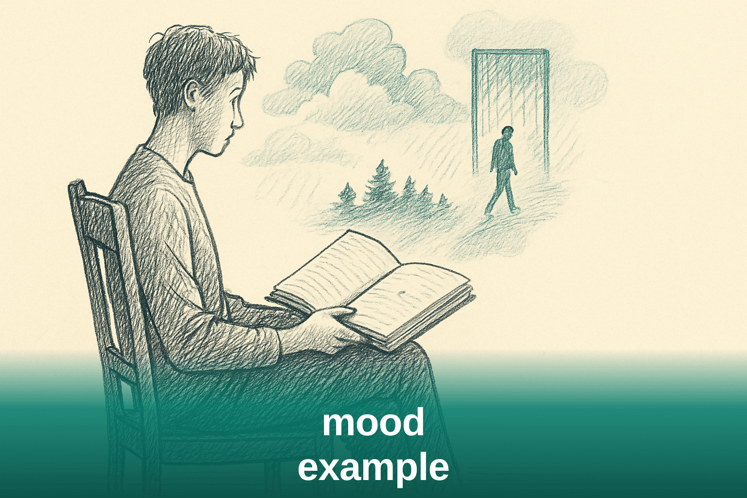 Reader holding an open book with atmospheric shapes rising from the pages, illustrating the concept of mood in literature