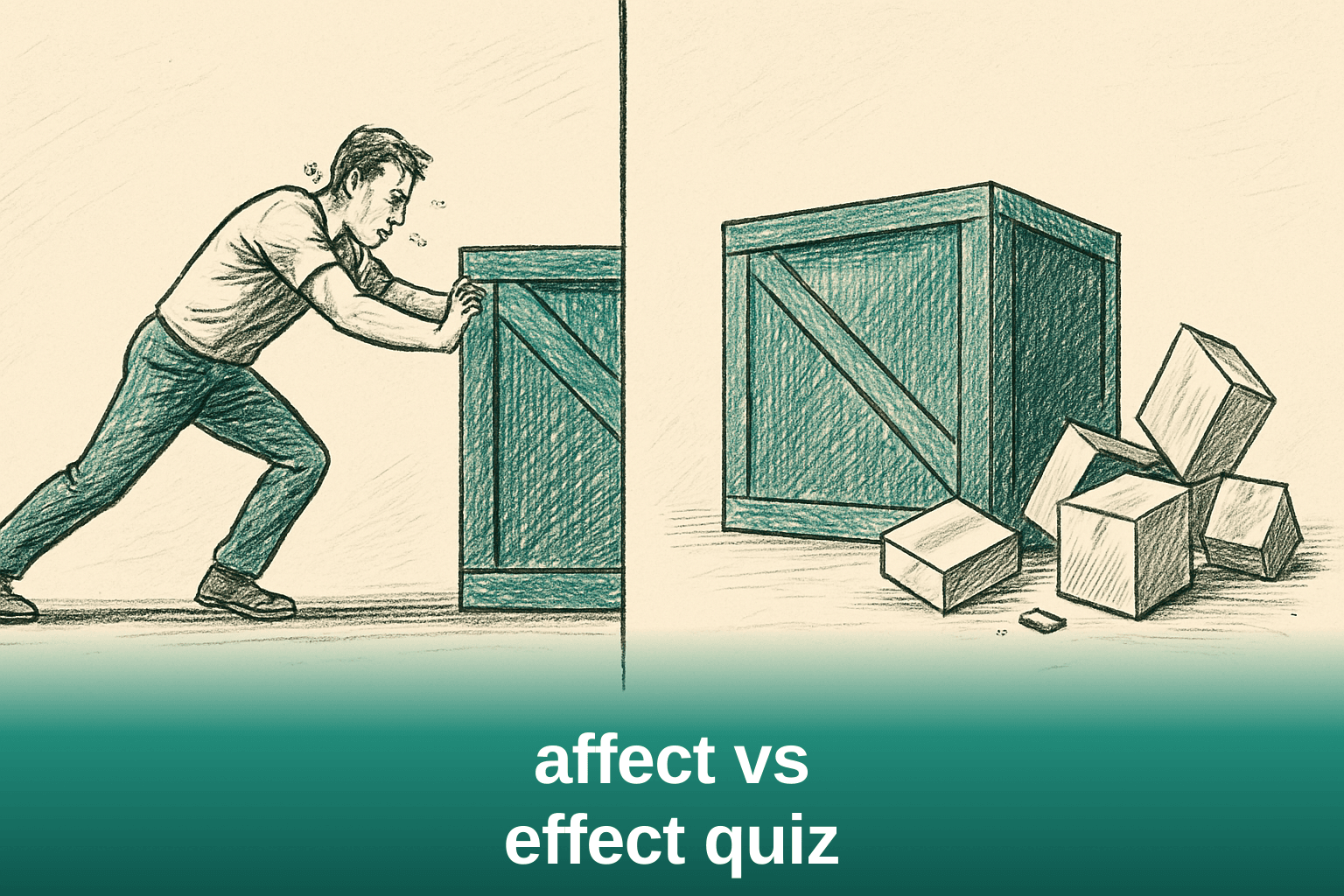 Split scene showing a person performing an action on one side and observing a resulting outcome on the other, illustrating the difference between affect and effect