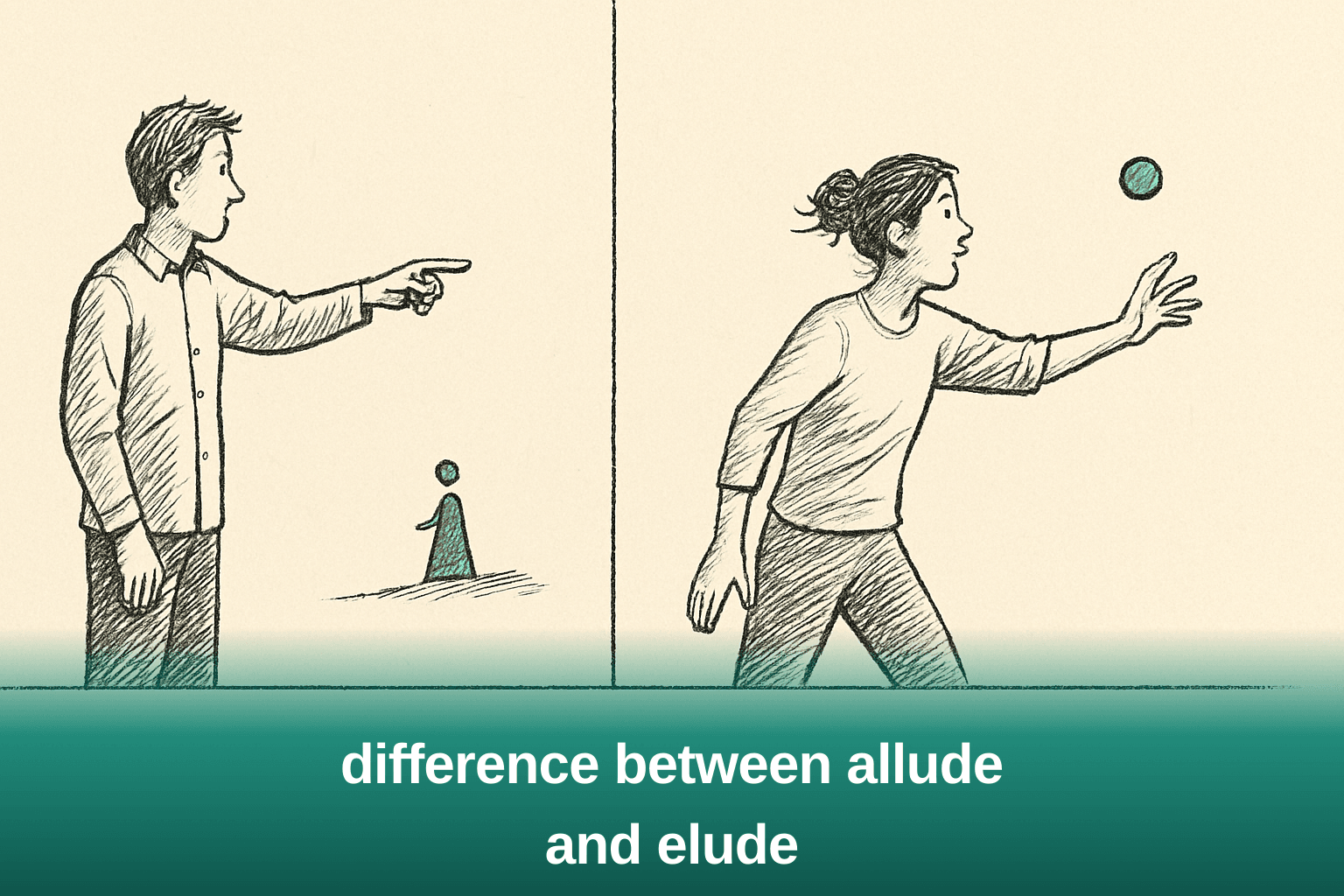 Two people illustrating the difference between allude (hinting at something) and elude (escaping or evading)