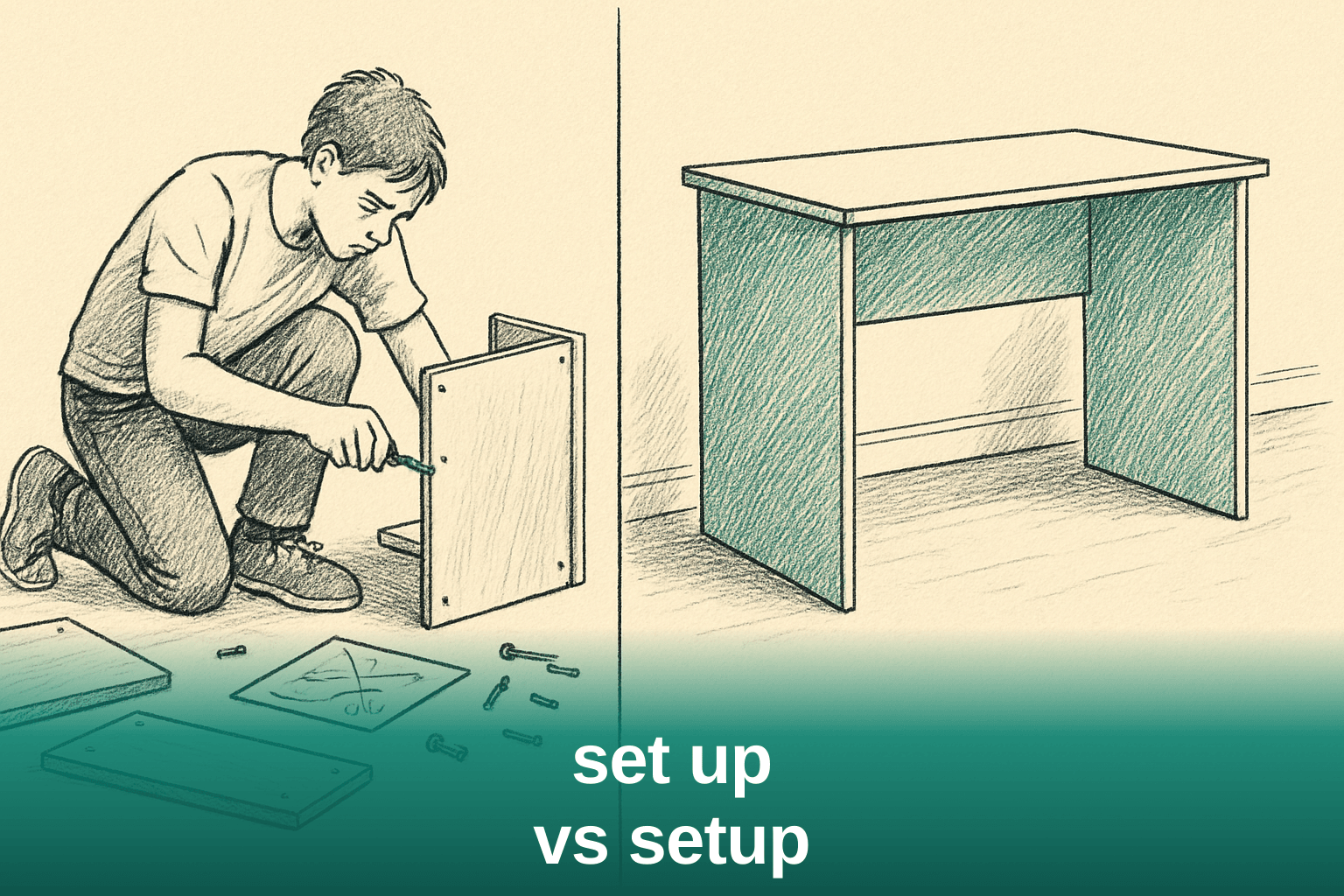 Split scene showing a person assembling a desk versus the finished assembled desk