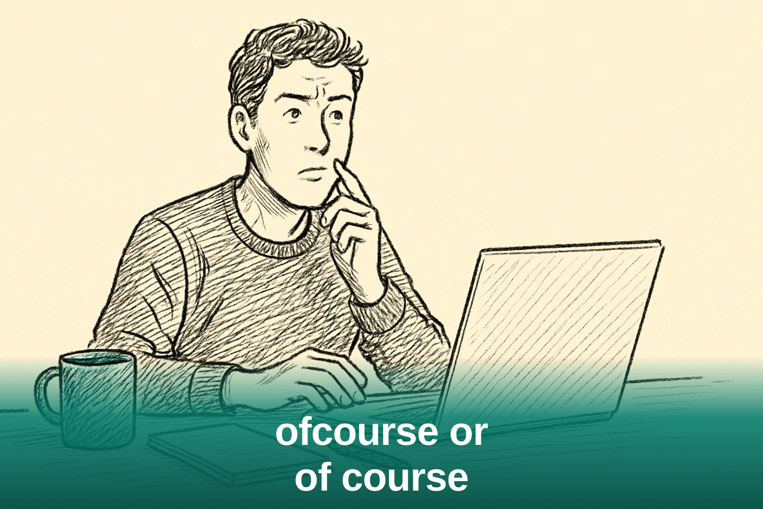 Person pausing thoughtfully while typing on a laptop at a desk, deciding how to write a phrase correctly