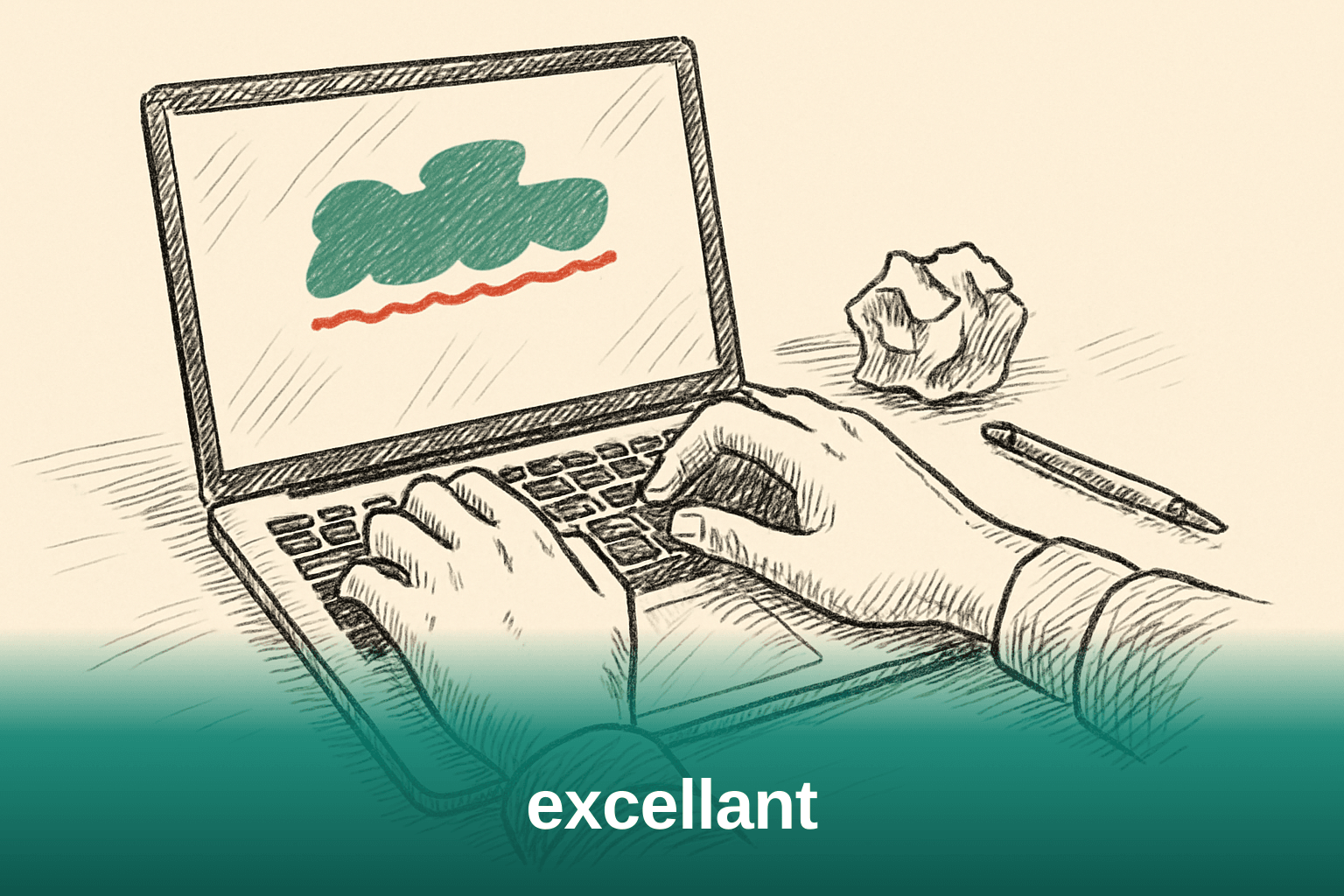 Hands typing on a laptop with a spelling error highlighted on screen, representing the confusion between excellant and excellent