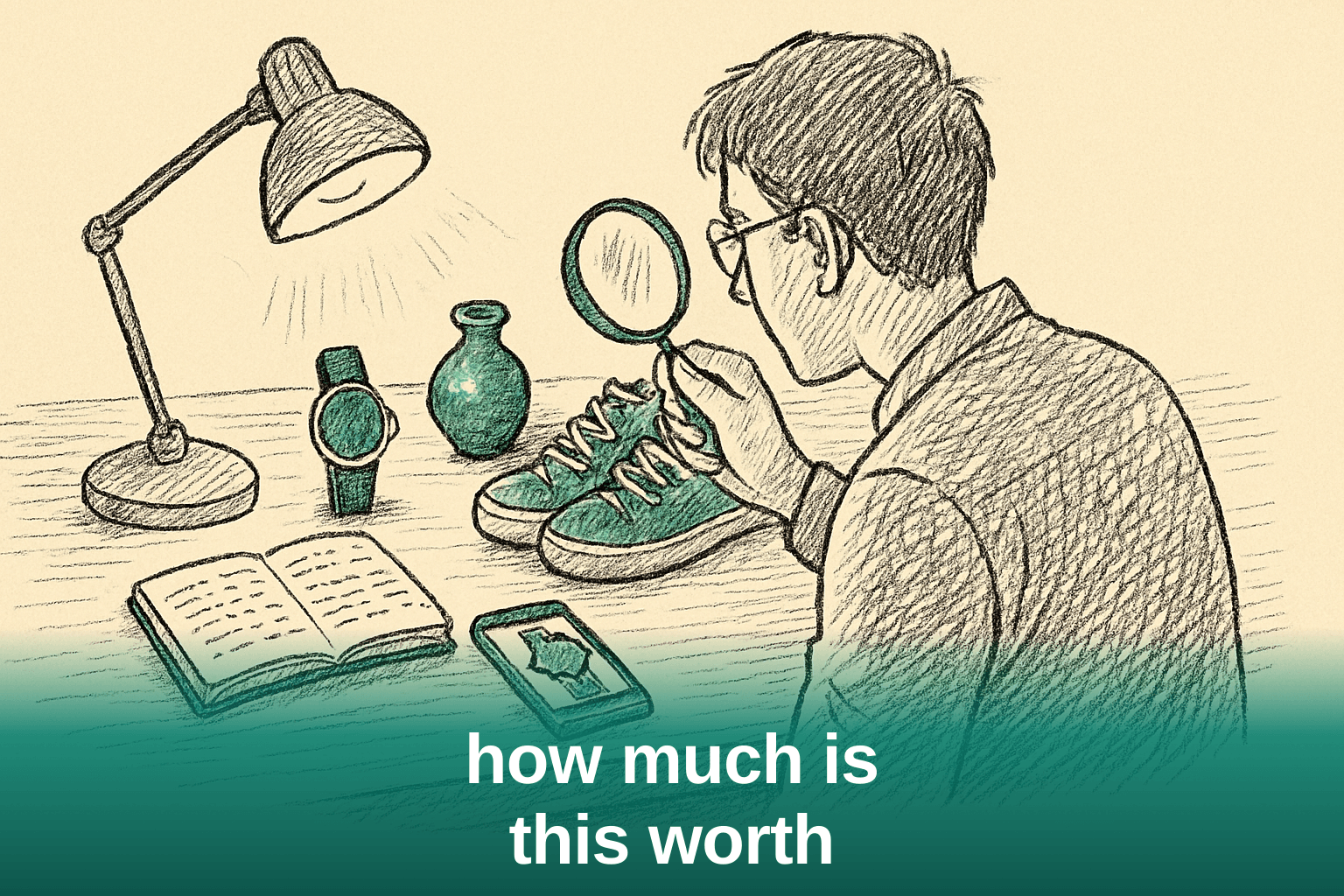 Person inspecting secondhand items with a magnifying loupe to determine how much they are worth