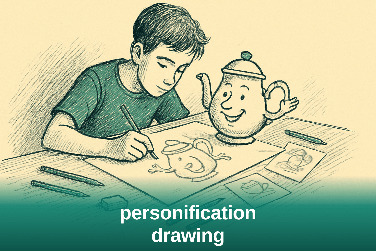 Artist drawing a personified object at a desk, illustrating the concept of personification drawing