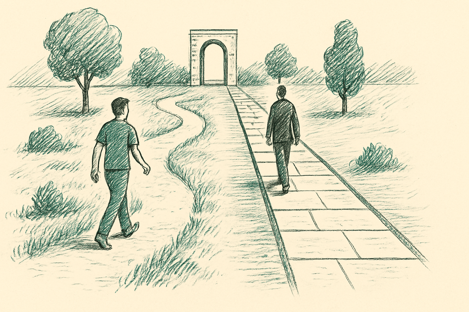Two parallel paths converging at one destination illustrating register versus meaning in French Two parallel paths converging at one destination illustrating register versus meaning in French
