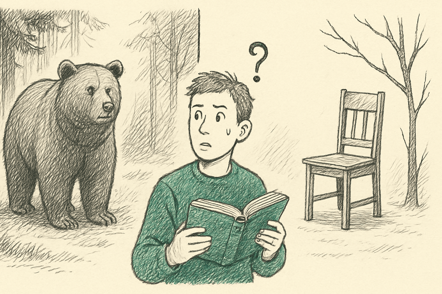 Split scene contrasting a bear in a forest with a bare chair and leafless branch, person looking confused Split scene contrasting a bear in a forest with a bare chair and leafless branch, person looking confused