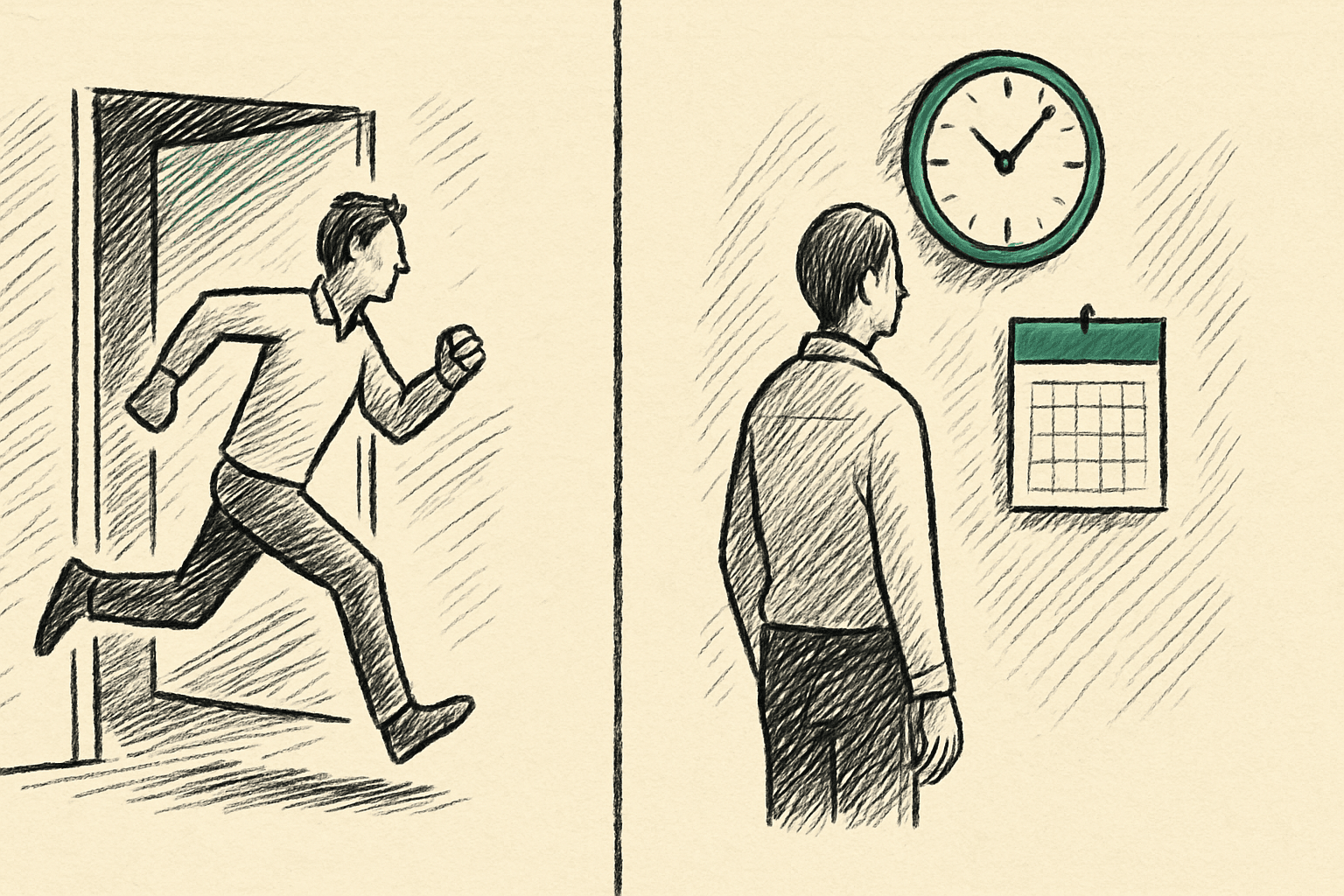 Side-by-side comparison of a person in motion and a person looking back at a clock Side-by-side comparison of a person in motion and a person looking back at a clock