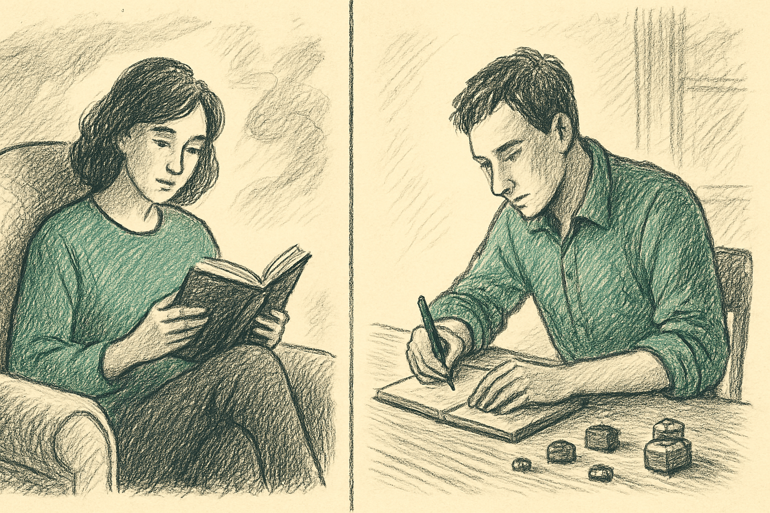 Split scene contrasting a reader experiencing mood and a writer crafting tone in a story Split scene contrasting a reader experiencing mood and a writer crafting tone in a story