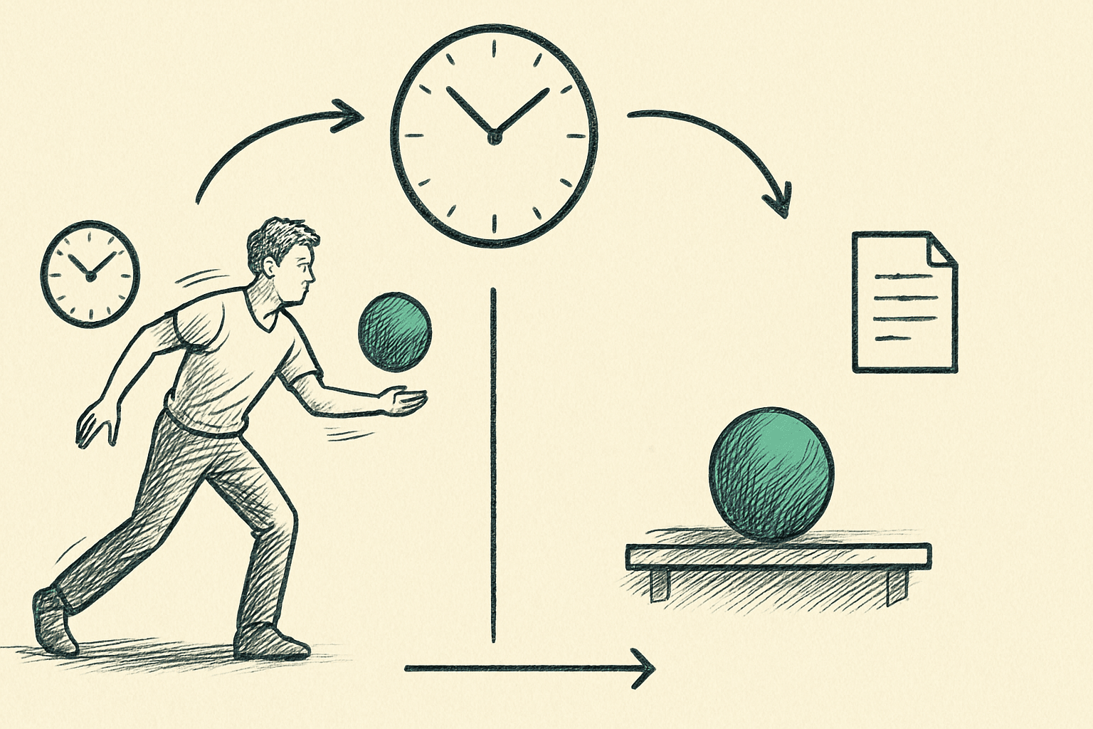 Side-by-side comparison showing an action figure next to a clock and a static result object, illustrating that affect is a verb and effect is a noun Side-by-side comparison showing an action figure next to a clock and a static result object, illustrating that affect is a verb and effect is a noun
