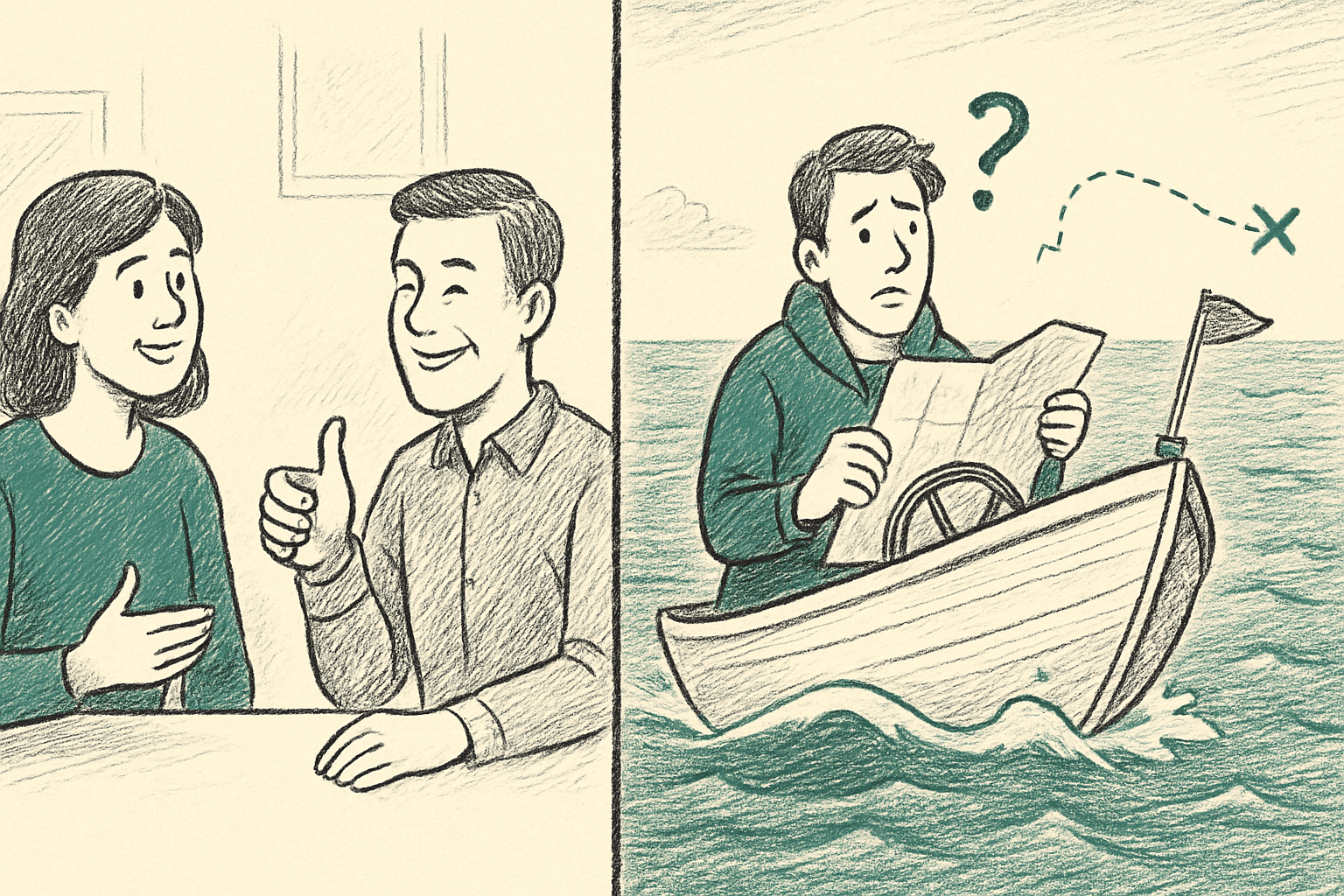 Side-by-side contrast of a person agreeing confidently and a boat drifting off its route on open water Side-by-side contrast of a person agreeing confidently and a boat drifting off its route on open water