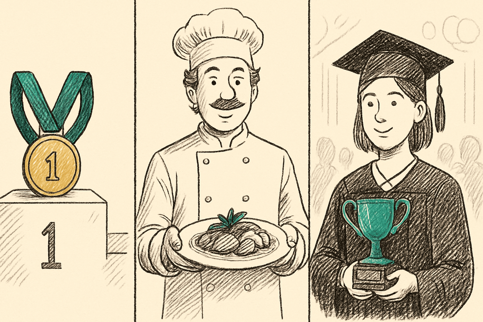 Three scenes illustrating the meanings of excellent: a gold medal, a chef presenting a dish, and a student receiving a trophy Three scenes illustrating the meanings of excellent: a gold medal, a chef presenting a dish, and a student receiving a trophy