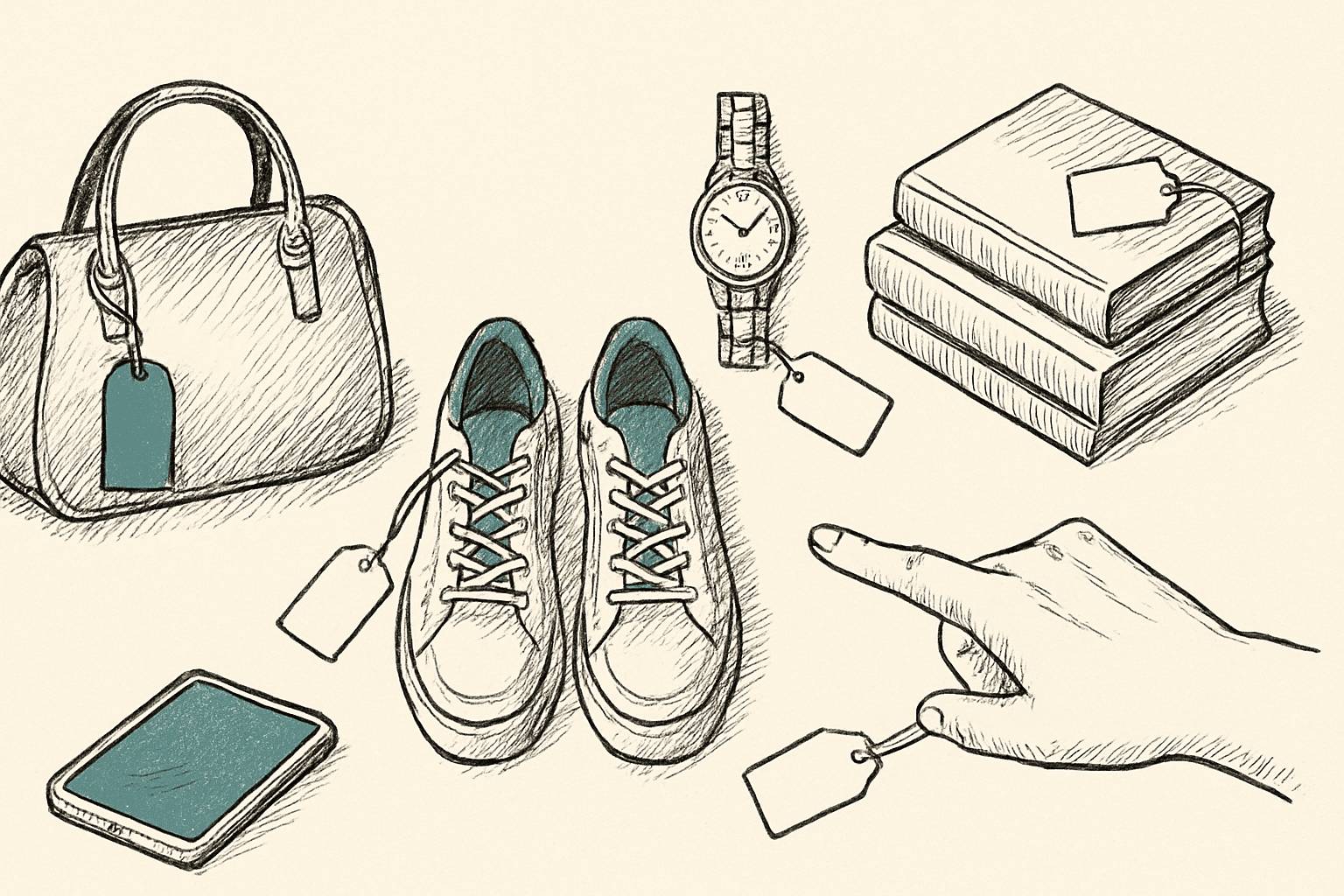 Flat lay of resale items like a handbag, sneakers, watch and books showing factors that drive value Flat lay of resale items like a handbag, sneakers, watch and books showing factors that drive value