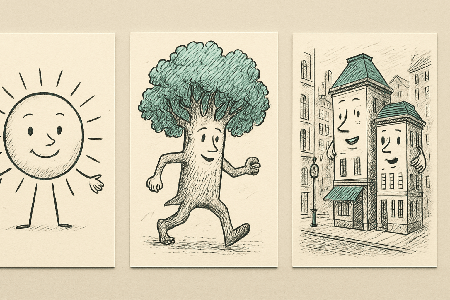 Three examples of personification drawings arranged from easy to advanced, showing a simple object with a face, a detailed character, and a complex scene Three examples of personification drawings arranged from easy to advanced, showing a simple object with a face, a detailed character, and a complex scene