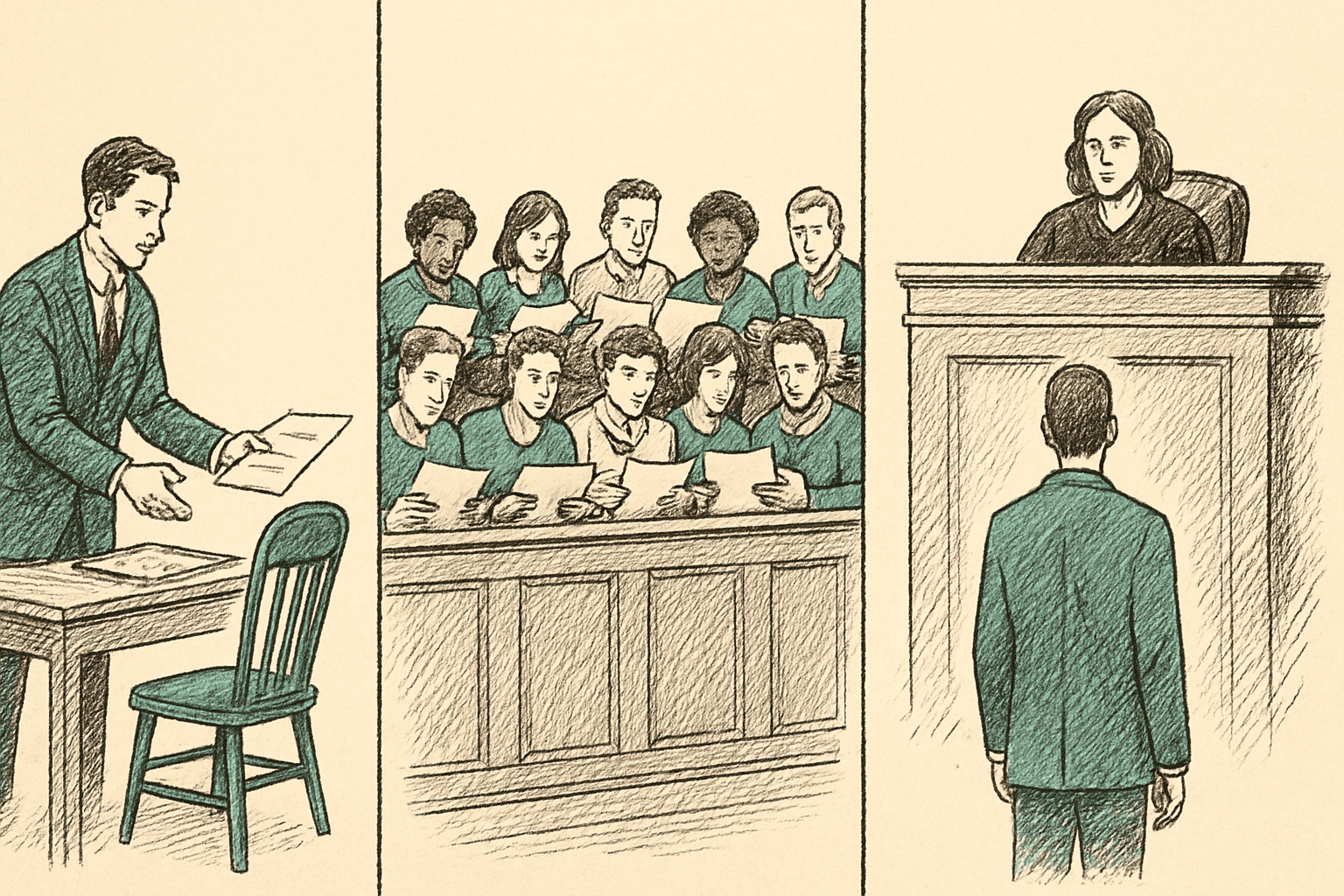Three-panel diagram comparing a criminal charge, a grand jury indictment, and a conviction